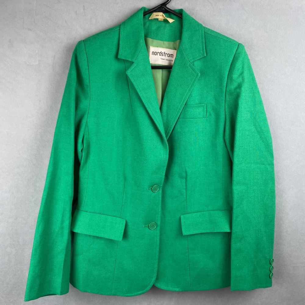 VTG Nordstrom Town Square Green Linen Blend Blazer Jacket 14 Career Bold 80s Hip